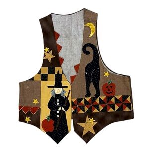 90s Halloween Vest Handmade Brown Plaid Cat Witch Bat Spider Webs Vintage Ugly